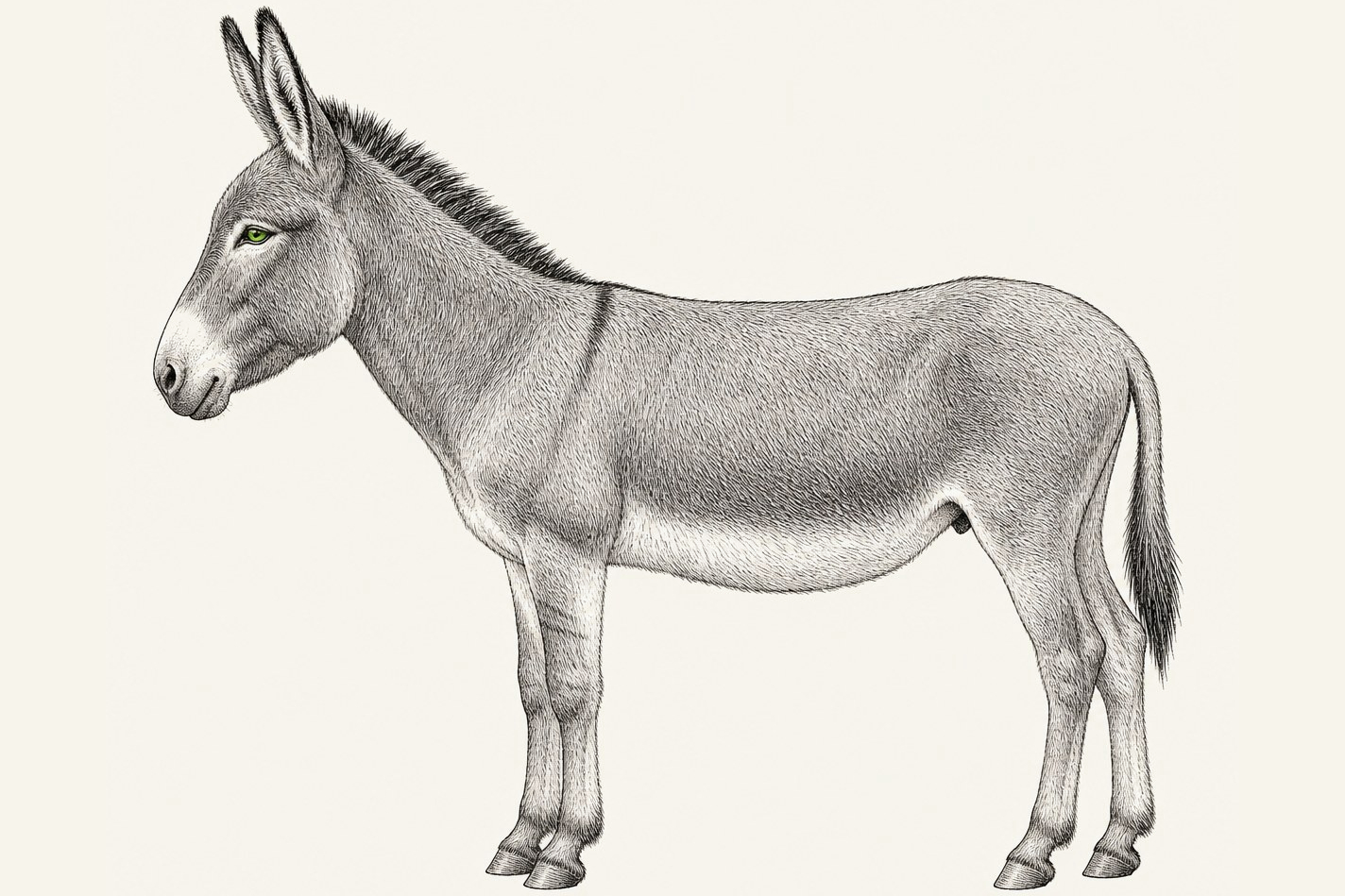 House party mark: a donkey engraved in the same hand, fine black line and cross-hatch on a bone field, standing square in full side profile above the same ruled plinth, with a single electric lime eye