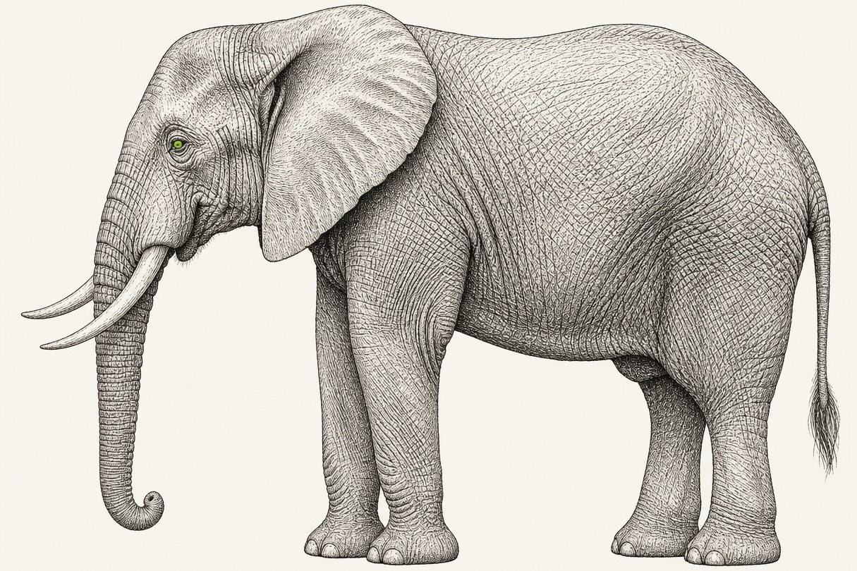 House party mark: an elephant engraved in fine black line and cross-hatch on a bone field, standing square in full side profile above a ruled plinth, with a single electric lime eye