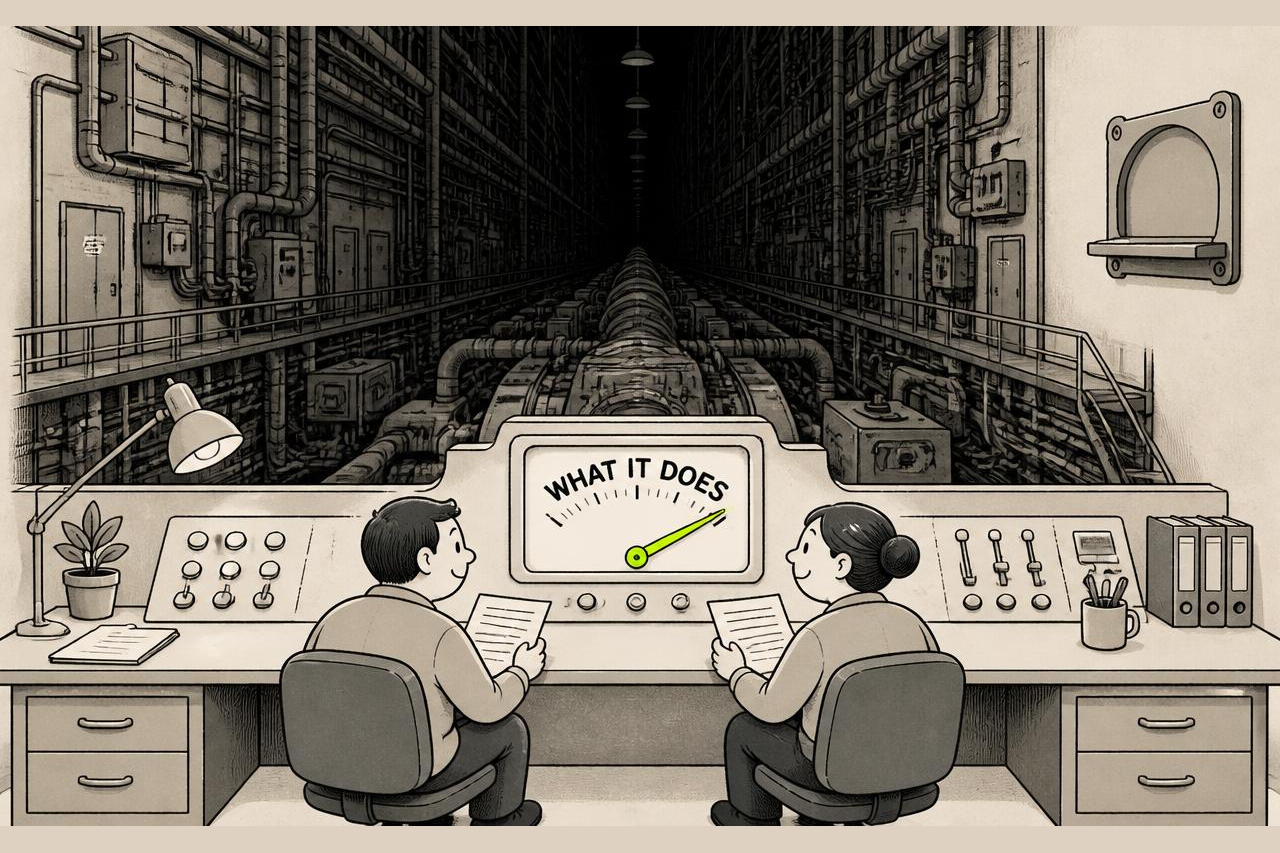 Two figures at a tidy, well-lit control desk reading a single clear gauge labelled WHAT IT DOES, while the same machine runs back behind them into an enormous unlit hall of pipes and unlabelled doors, one empty instrument bracket mounted on the far wall.