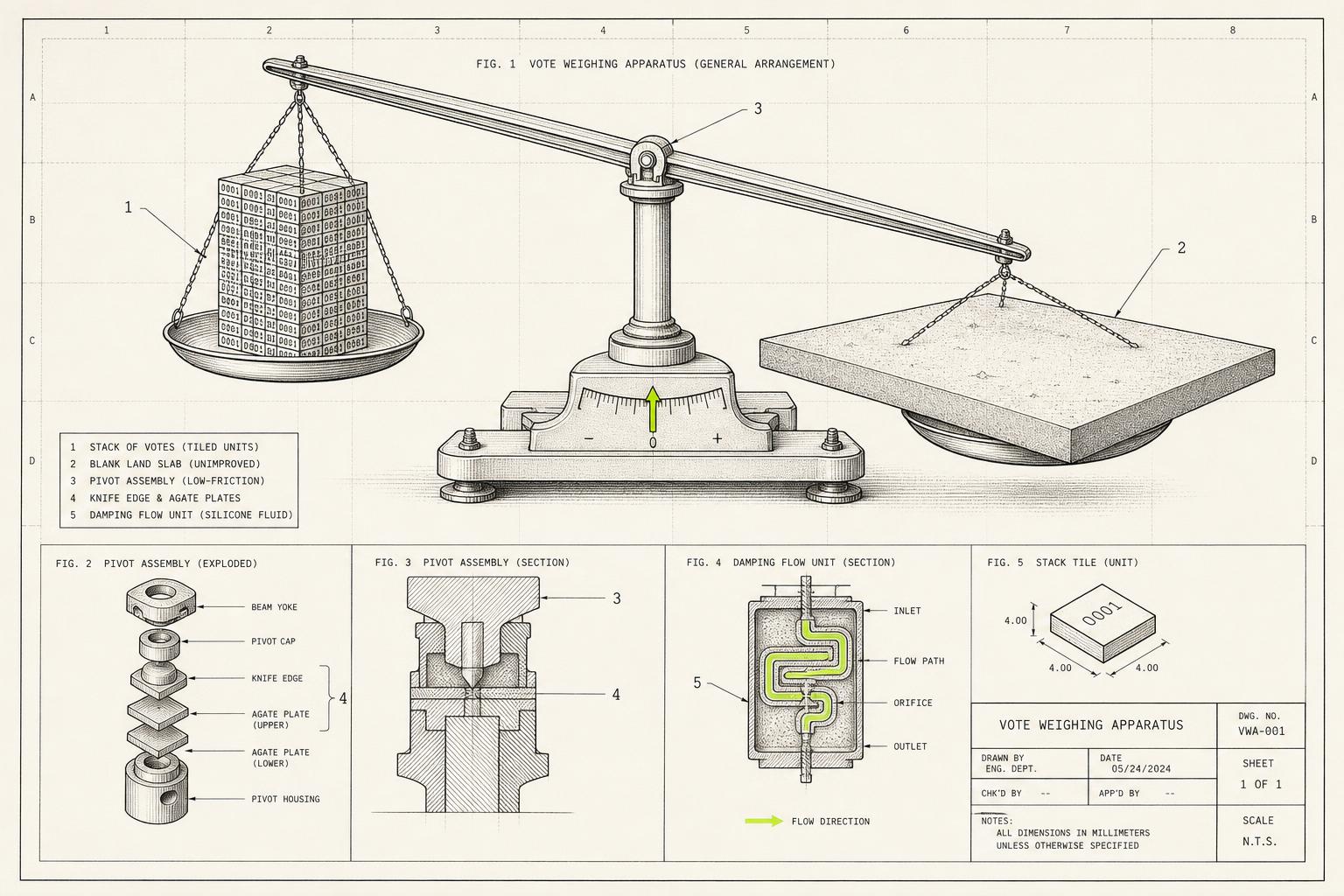A drafted patent-style figure of a beam balance: one pan stacked with hundreds of tiny identical numbered tiles, the other holding a single vast blank slab of unimproved land, the slab tipping the beam despite weighing less, with numbered callouts to the pivot and the damping unit.
