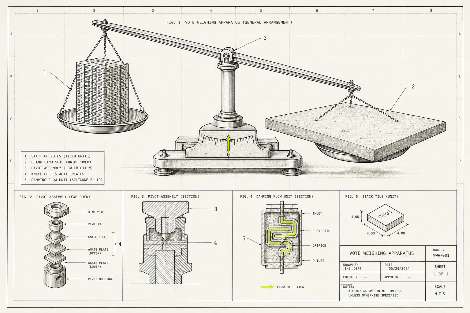 A drafted patent-style figure of a beam balance: one pan stacked with hundreds of tiny identical numbered tiles, the other holding a single vast blank slab of unimproved land, the slab tipping the beam despite weighing less, with numbered callouts to the pivot and the damping unit.
