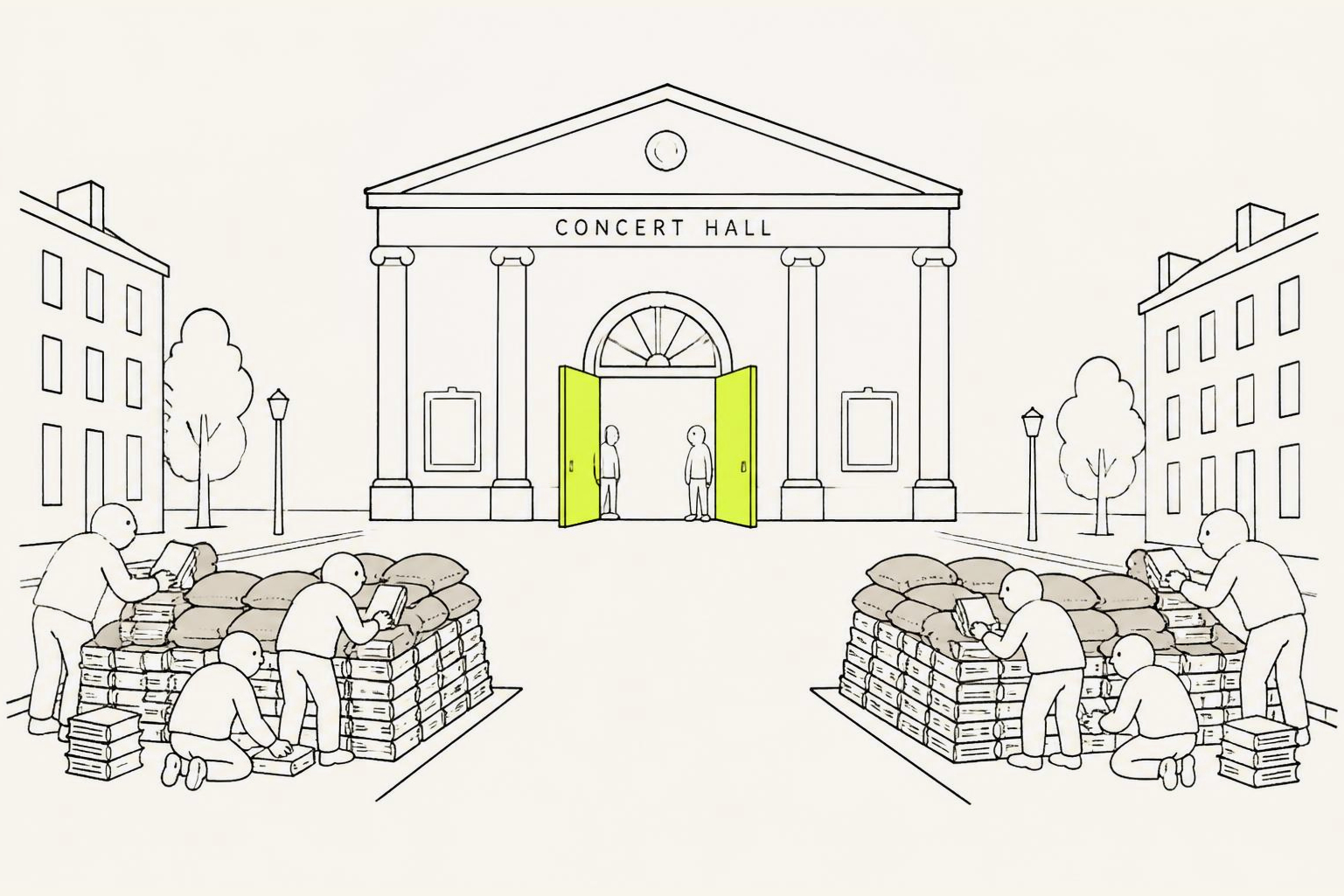 Two identical ramparts of sandbagged books dug in facing each other along a street, with the concert hall between them standing open and empty.
