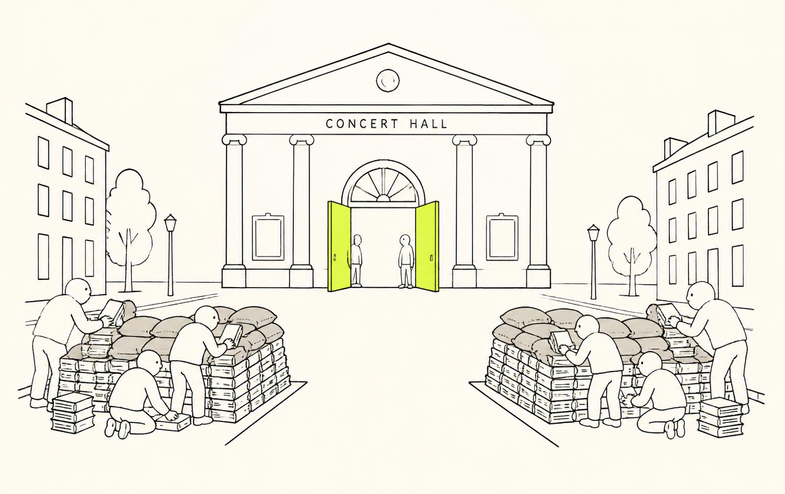 Two identical ramparts of sandbagged books dug in facing each other along a street, with the concert hall between them standing open and empty.