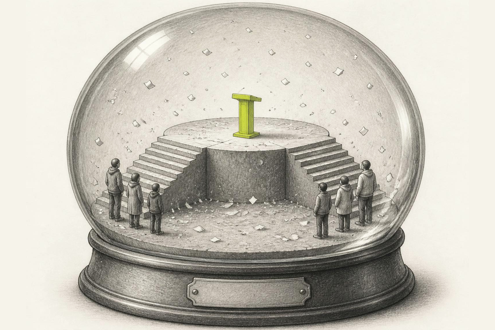 A snow globe containing a raised stage with two identical staircases climbing it from opposite sides, small clusters of nondescript people waiting at the foot of each, torn paper settling over everything, and a single lime lectern on top with nobody behind it.