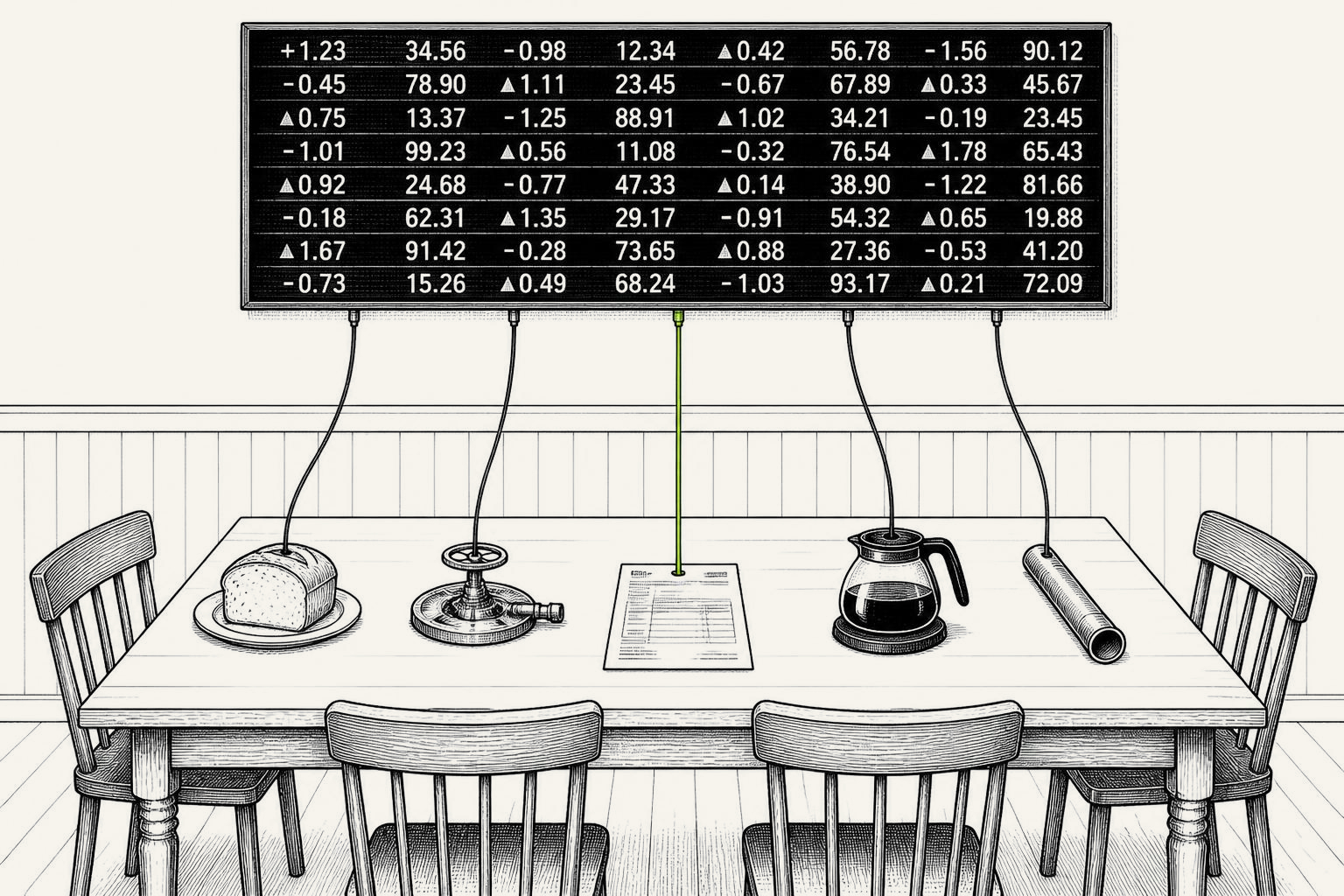 A wall-sized quotation board of numbers behind a plain kitchen table, five cables drooping from the board into a loaf, a burner valve, a mortgage statement, a coffee pot and a length of copper pipe, with the chairs empty.