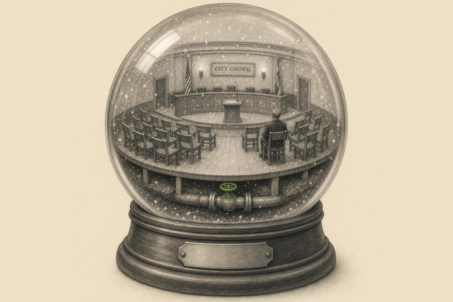 Specimen of the Sleyor glass style: a snow globe containing a three-dimensional council chamber of empty chairs with one occupant, a water valve running beneath the floor picked out in lime