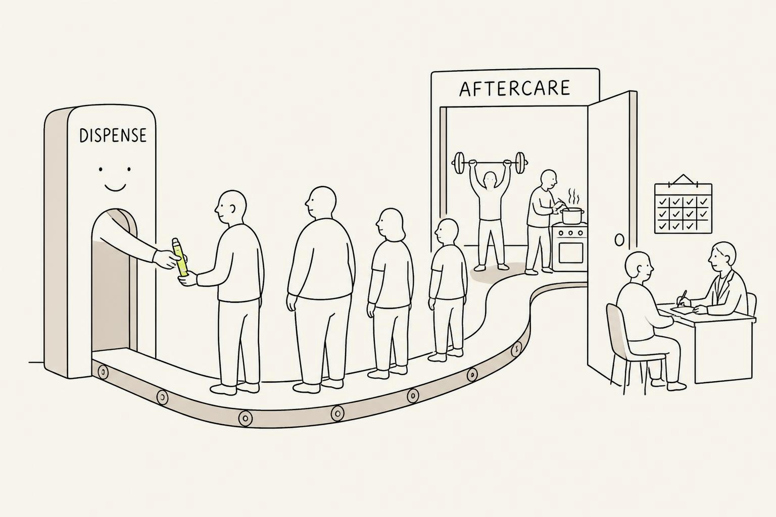 A clinic machine marked DISPENSE hands an injector pen to an orderly queue, and a belt carries each person on through a wide open door marked AFTERCARE into a bright room where others lift a barbell, cook at a stove, and sit with a clinician at a follow-up desk under a calendar of ticked dates.