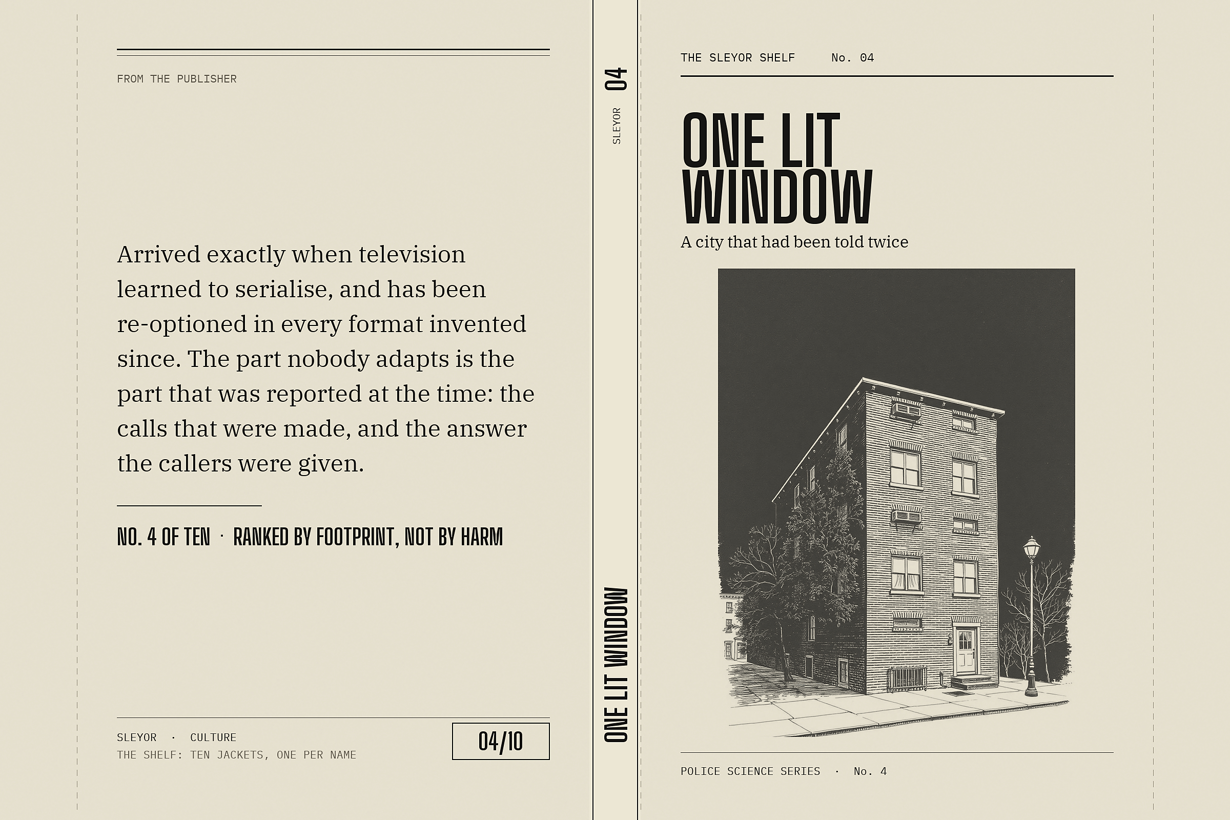 A brick apartment block with one lit window, scratchboard.