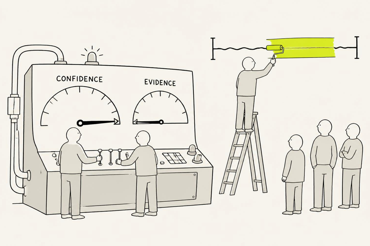 A public-address console whose CONFIDENCE dial is welded to maximum beside an EVIDENCE gauge reading almost nothing, while an anonymous figure on a stepladder rolls a solid bar over the wobbly error bar painted on the wall.