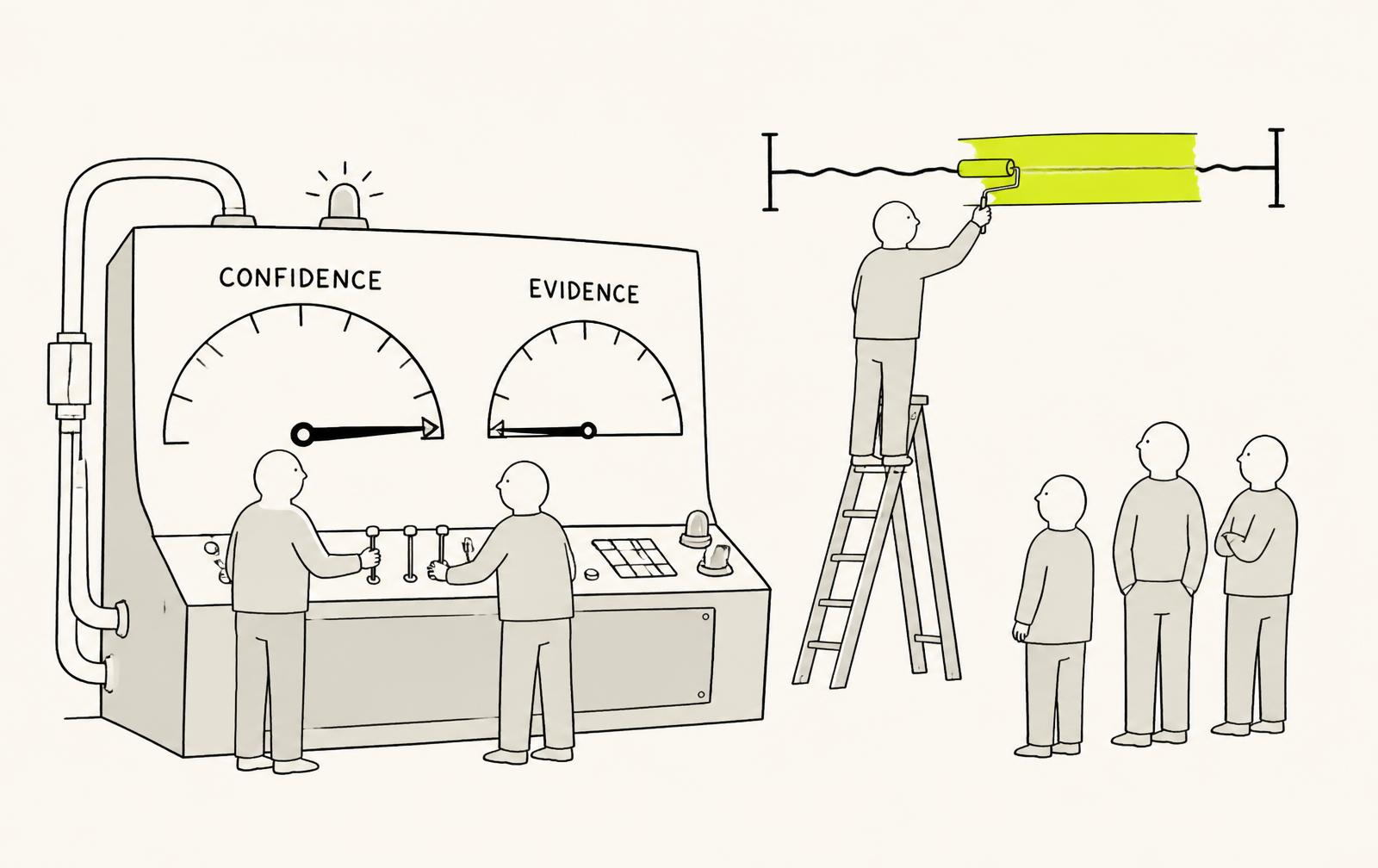 A public-address console whose CONFIDENCE dial is welded to maximum beside an EVIDENCE gauge reading almost nothing, while an anonymous figure on a stepladder rolls a solid bar over the wobbly error bar painted on the wall.