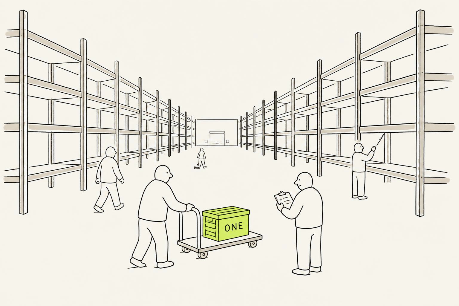 An enormous spare-parts warehouse with towering racks running into the distance, every shelf empty, and one small lime crate stencilled ONE being wheeled out on a trolley while a clerk checks it off, everyone treating the emptiness as normal.