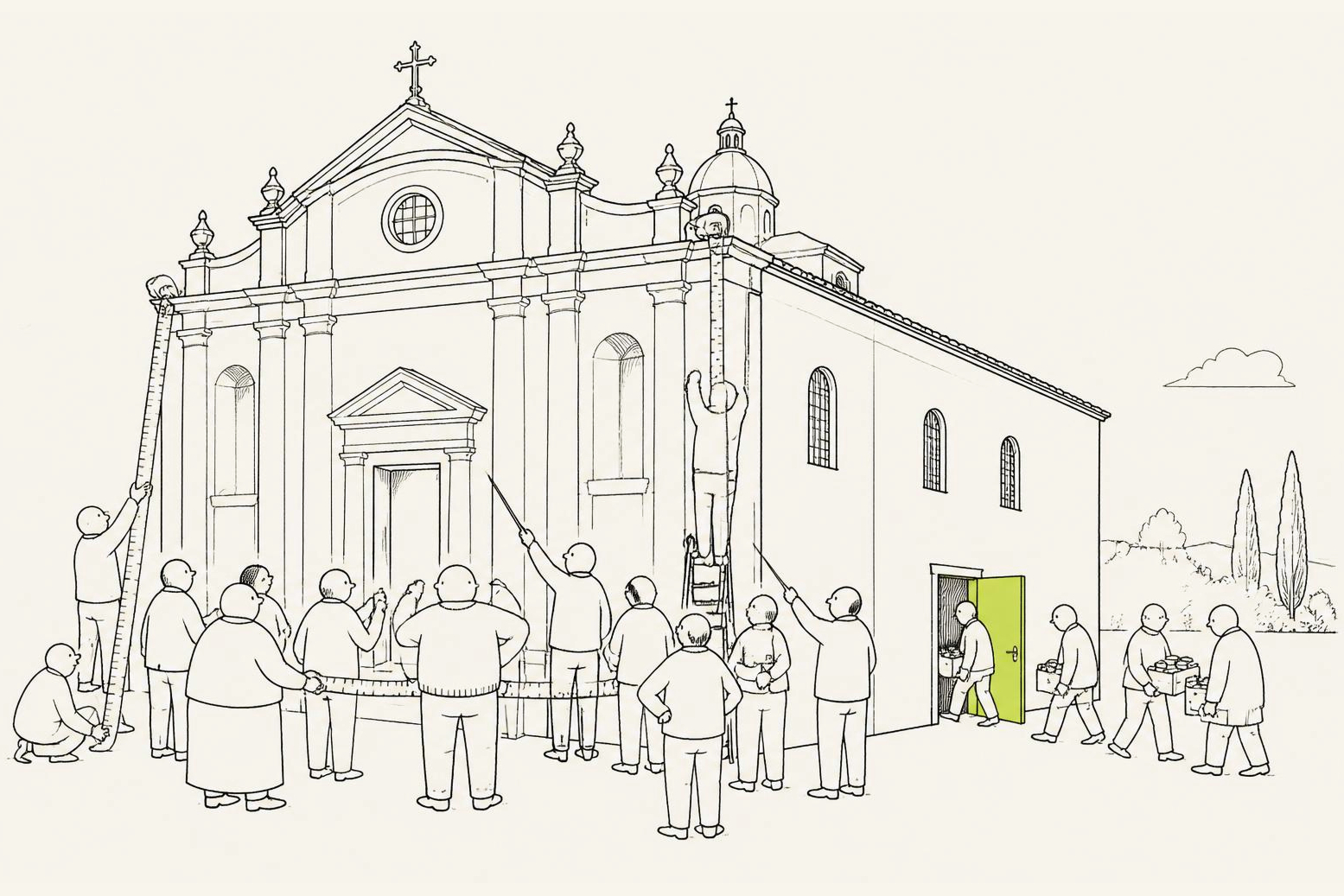 A grand church facade at the front being measured and argued over by a crowd with enormous tapes and pointing sticks, while around the side a small plain door stands open and three people carry soup crates through it on a weekday.