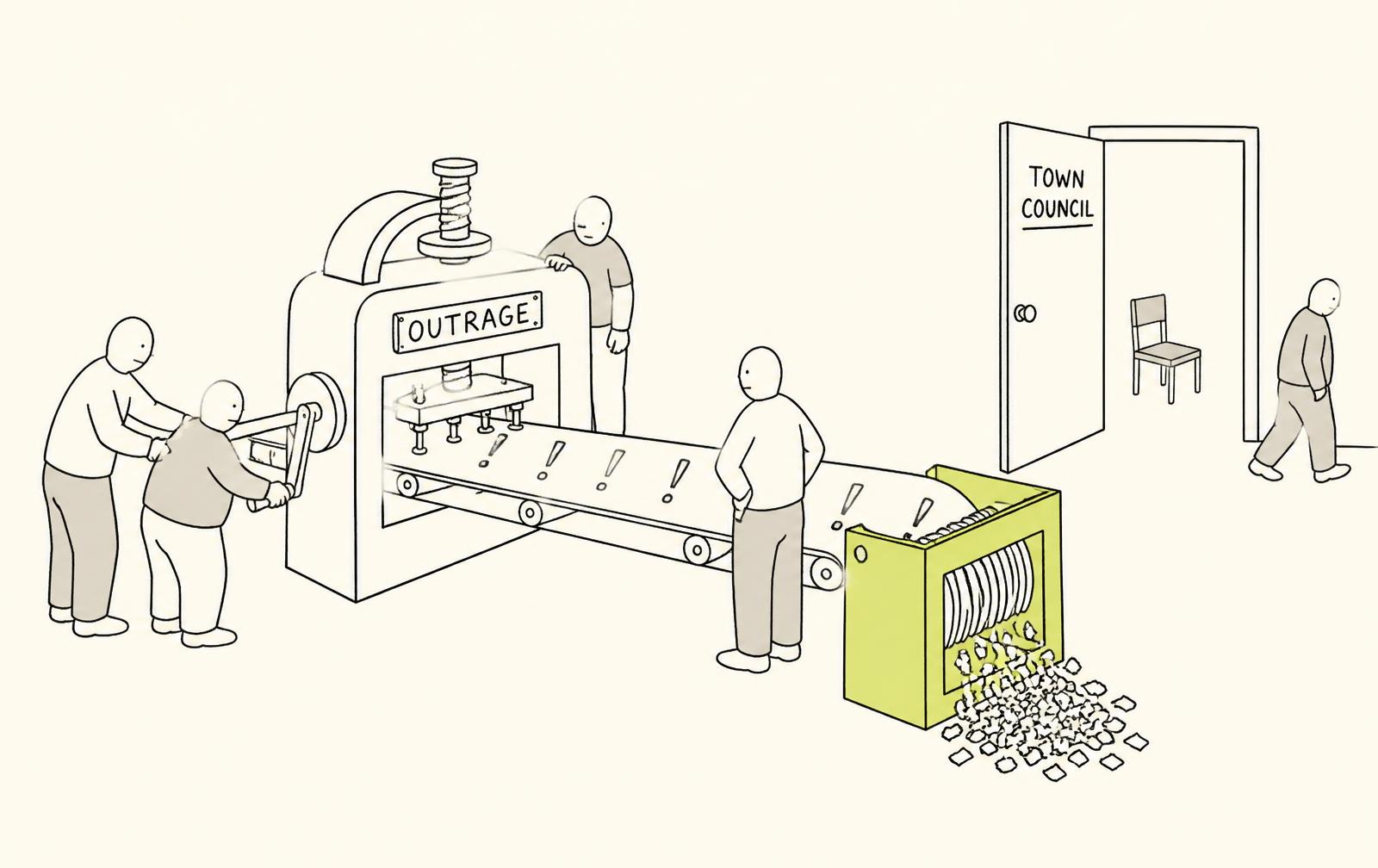 A hand-cranked machine plated OUTRAGE stamping identical exclamation marks onto a conveyor that feeds straight into a shredder, while beside it an open door marked TOWN COUNCIL shows one empty chair.