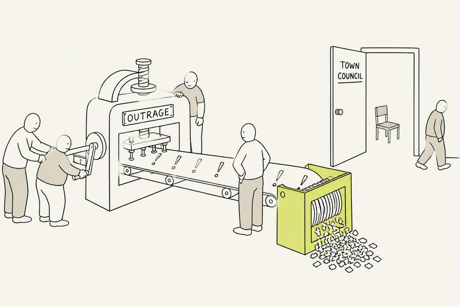 A hand-cranked machine plated OUTRAGE stamping identical exclamation marks onto a conveyor that feeds straight into a shredder, while beside it an open door marked TOWN COUNCIL shows one empty chair.