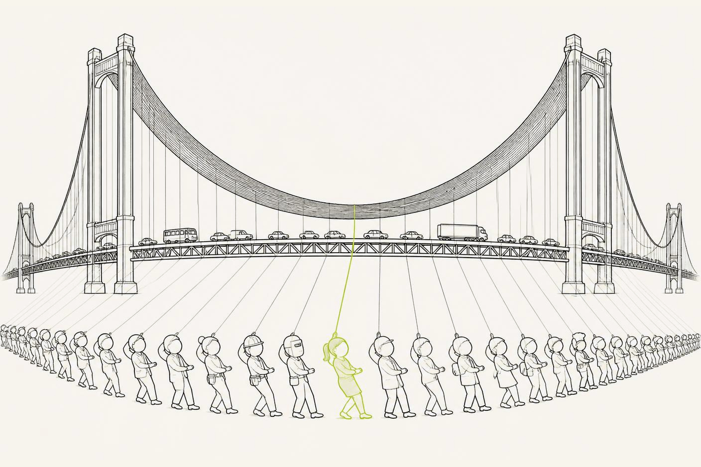 A vast suspension bridge whose main cables, on inspection, are thousands of individual threads, each held at one end by an ordinary person in a long line — nurse, clerk, welder, teacher — leaning back and holding steady while traffic crosses above. One thread and its holder in lime.