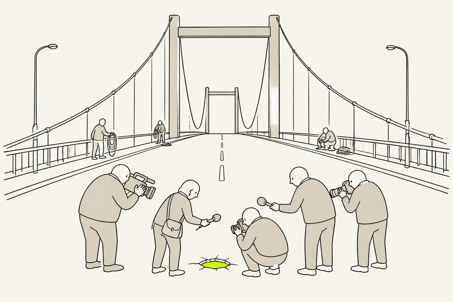 A newly completed bridge span filling the frame while every camera and microphone in the foreground is turned the other way, trained on a single small pothole in the road behind them.