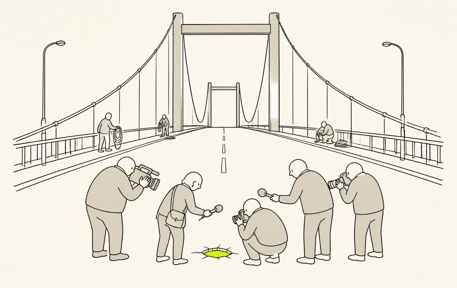 A newly completed bridge span filling the frame while every camera and microphone in the foreground is turned the other way, trained on a single small pothole in the road behind them.