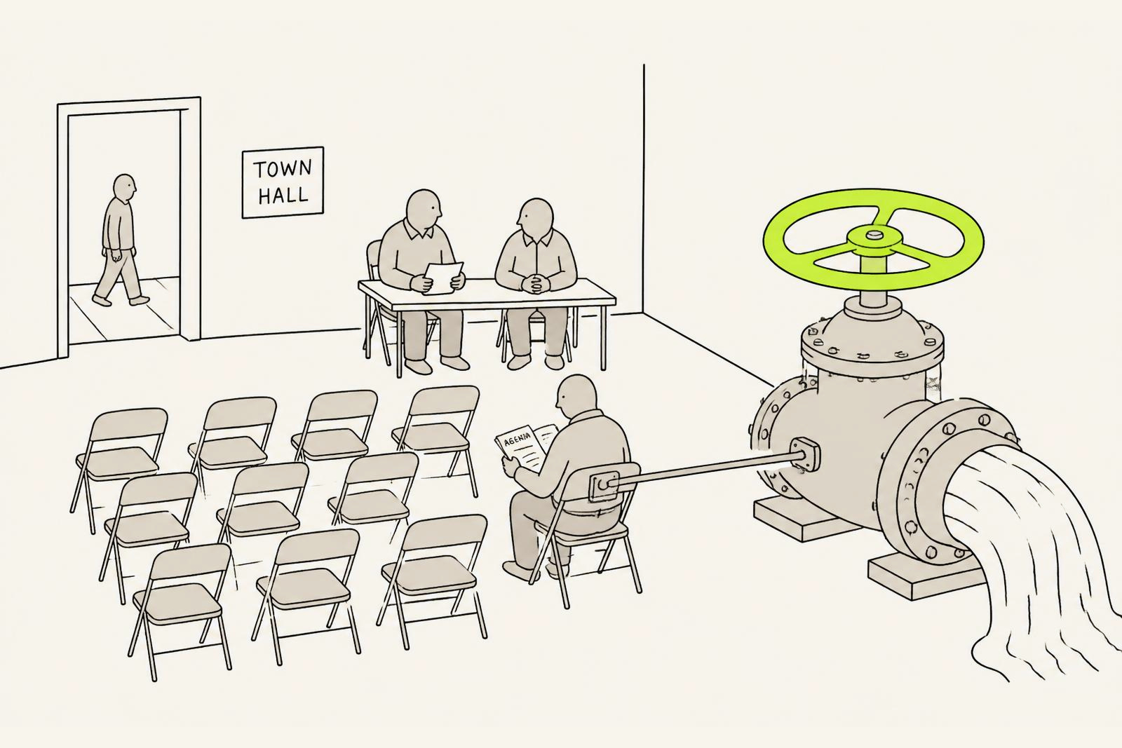 A council meeting room of empty folding chairs where the one occupied chair is linked by a plain rod to an enormous valve wheel that visibly redirects the town's water main.