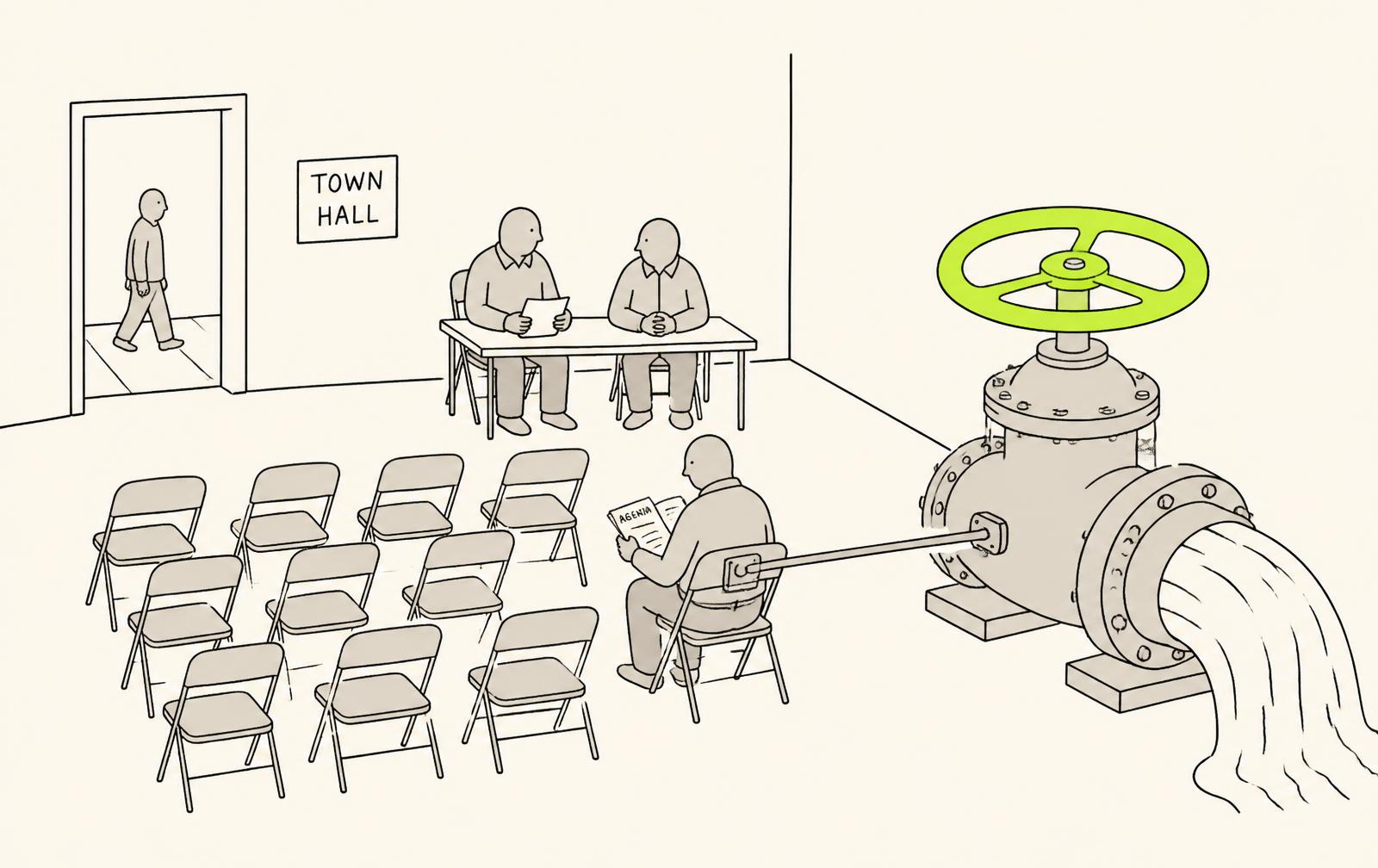 Specimen of the Sleyor house drawing: a council room of empty chairs where one occupied chair is linked to a valve redirecting the town's water main