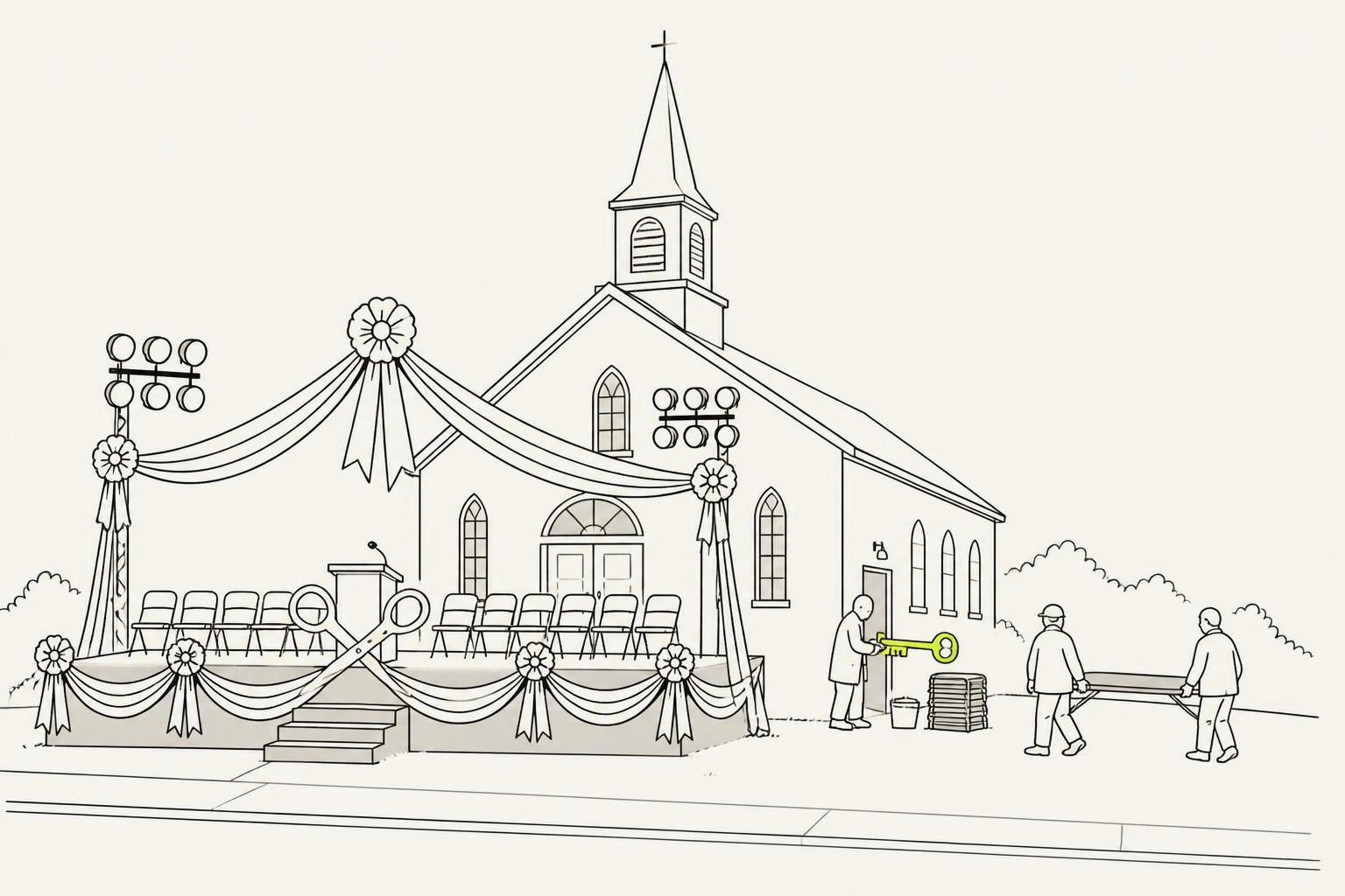 A grand ribbon-cutting stage, bunting, stage lights and rows of empty chairs erected on a church lawn and entirely unattended, while off to the side one small figure unlocks the actual side door with an enormous lime key and two others carry a folding table in behind them.