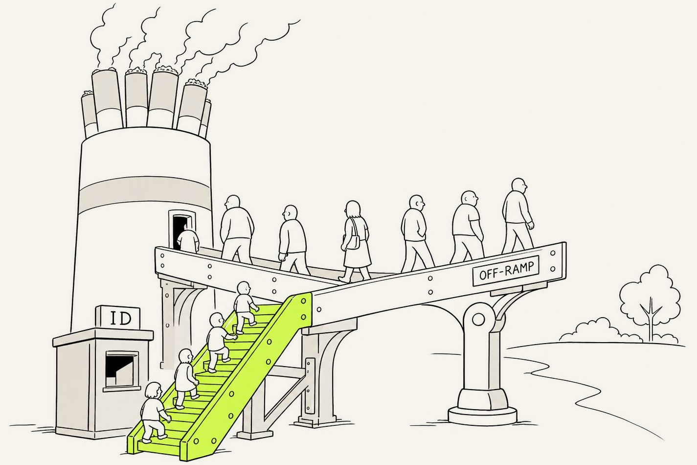 A machine-age footbridge marked OFF-RAMP carrying a queue of adults away from a smoking stack of cigarettes toward clear ground, while an unguarded lime staircase at the near end lets much smaller figures climb straight onto it past an unmanned booth marked ID.